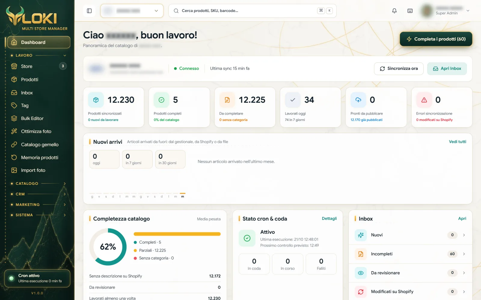 Dashboard di LOKI con il lavoro del giorno e lo stato dei negozi